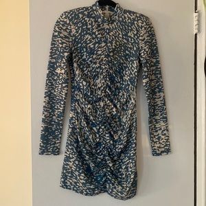 Blue & white ruched dress with shoulder pads